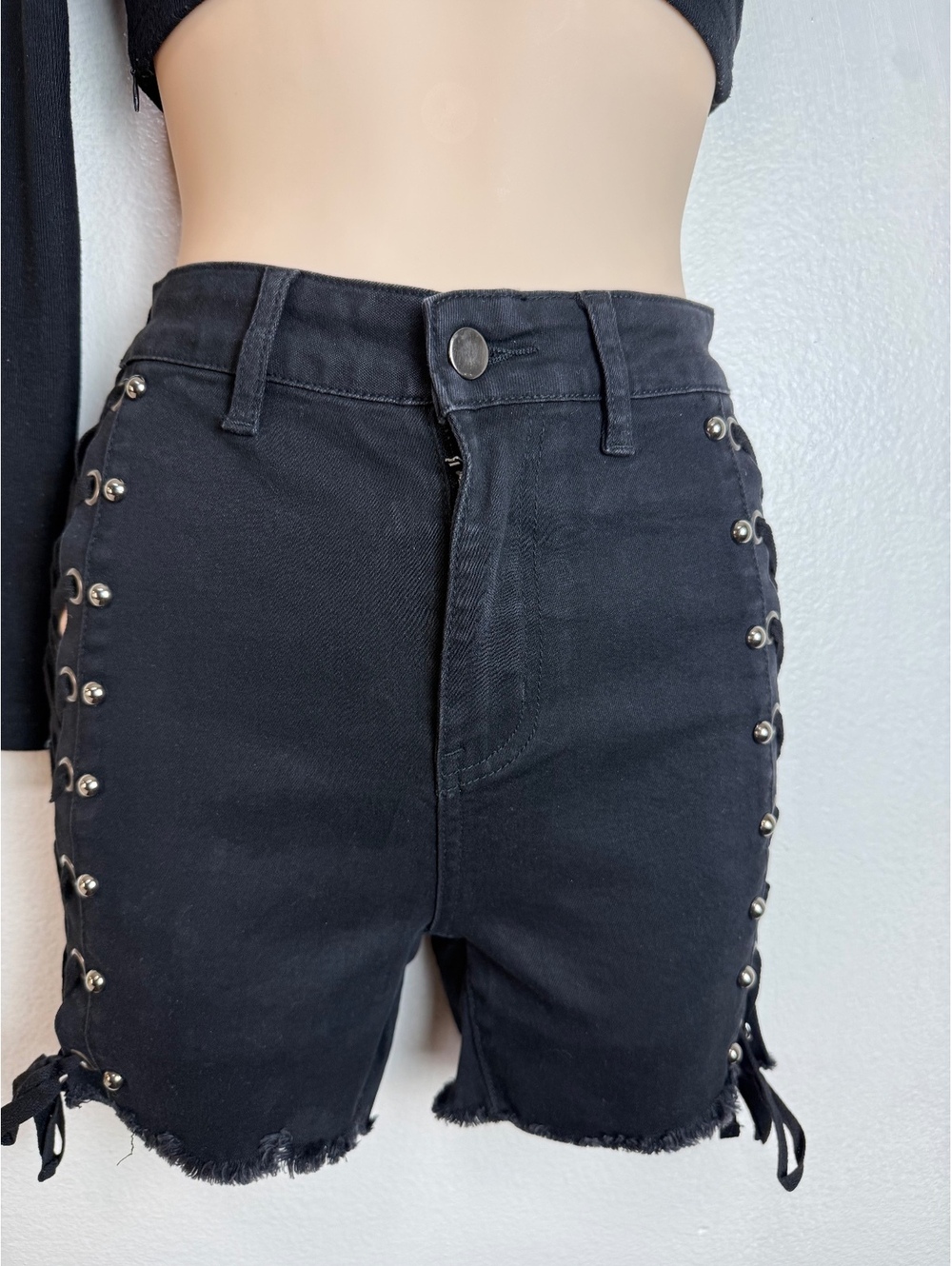 Black Lace-Up Studded Denim Shorts Distressed Raw Hem Y2K Size S